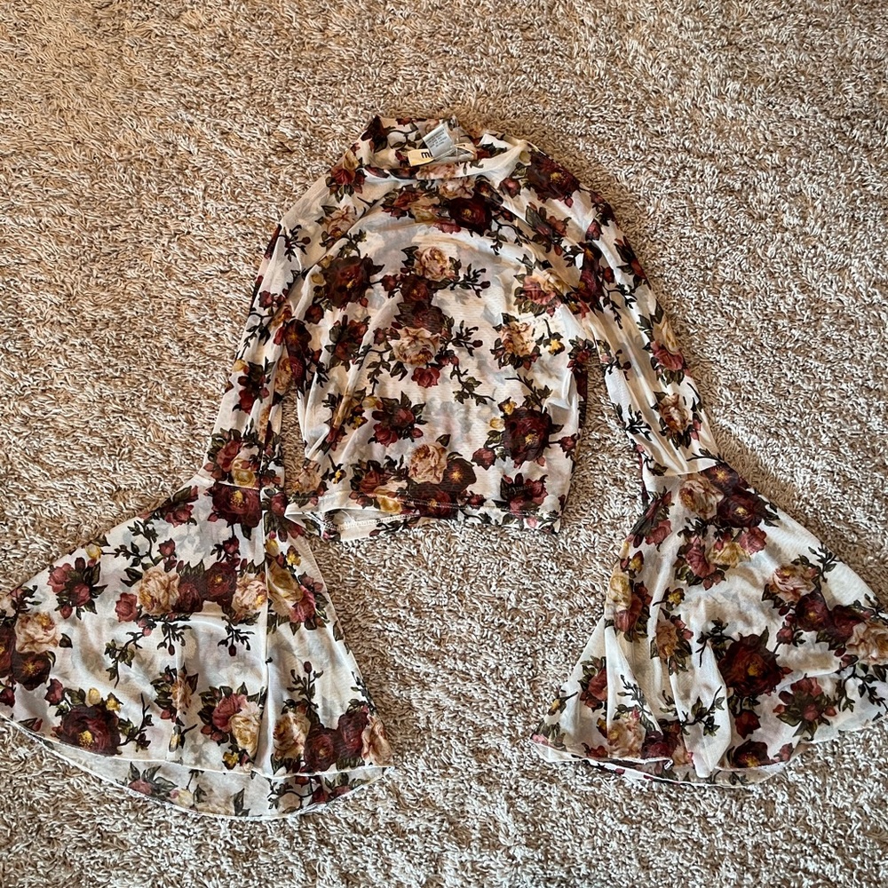 Sheer floral crop top with large sleeves